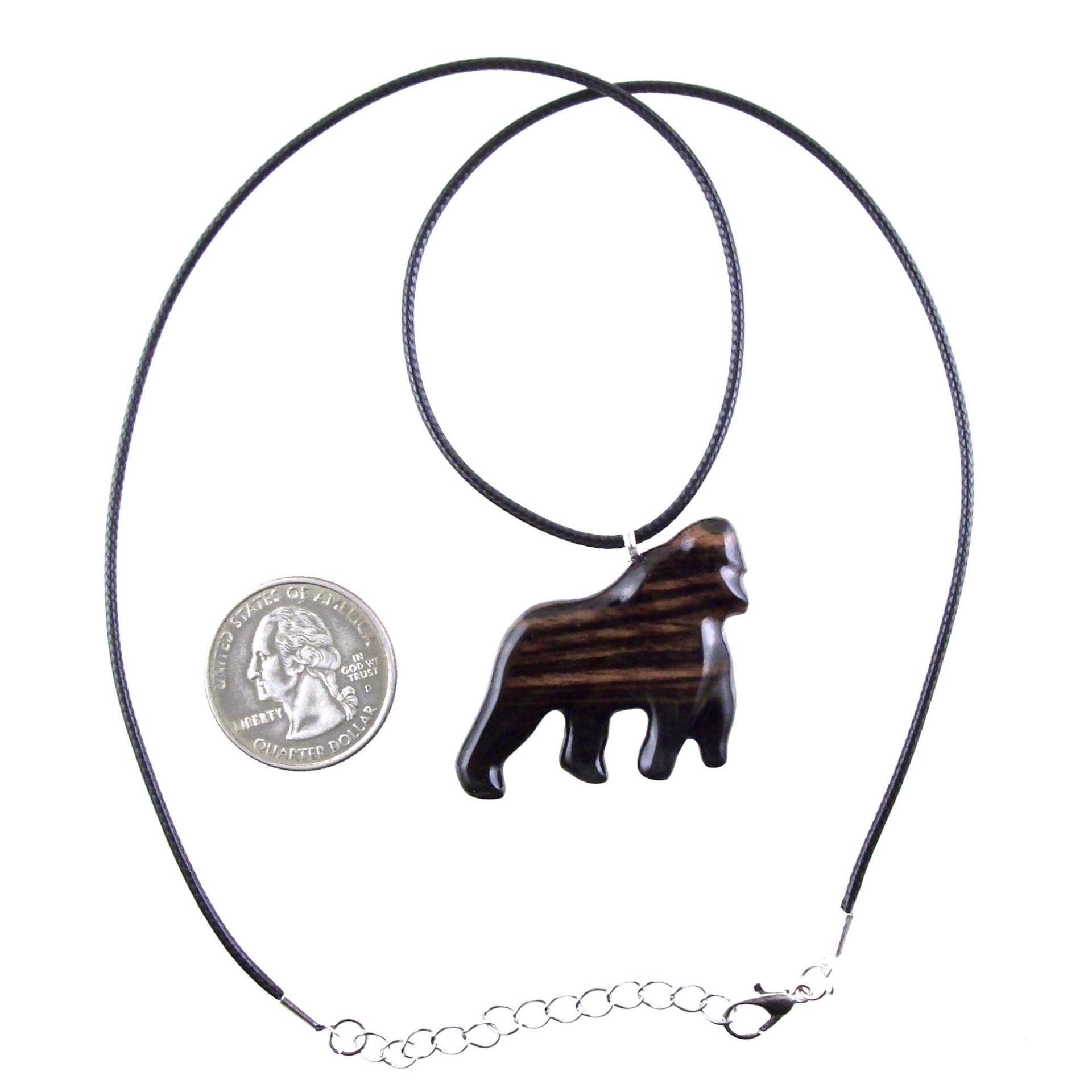 Gorilla Necklace, Hand Carved Wooden Gorilla Pendant, Animal Necklace, Gift for Him, Mens Wood Jewelry in Black with Brown Streaks