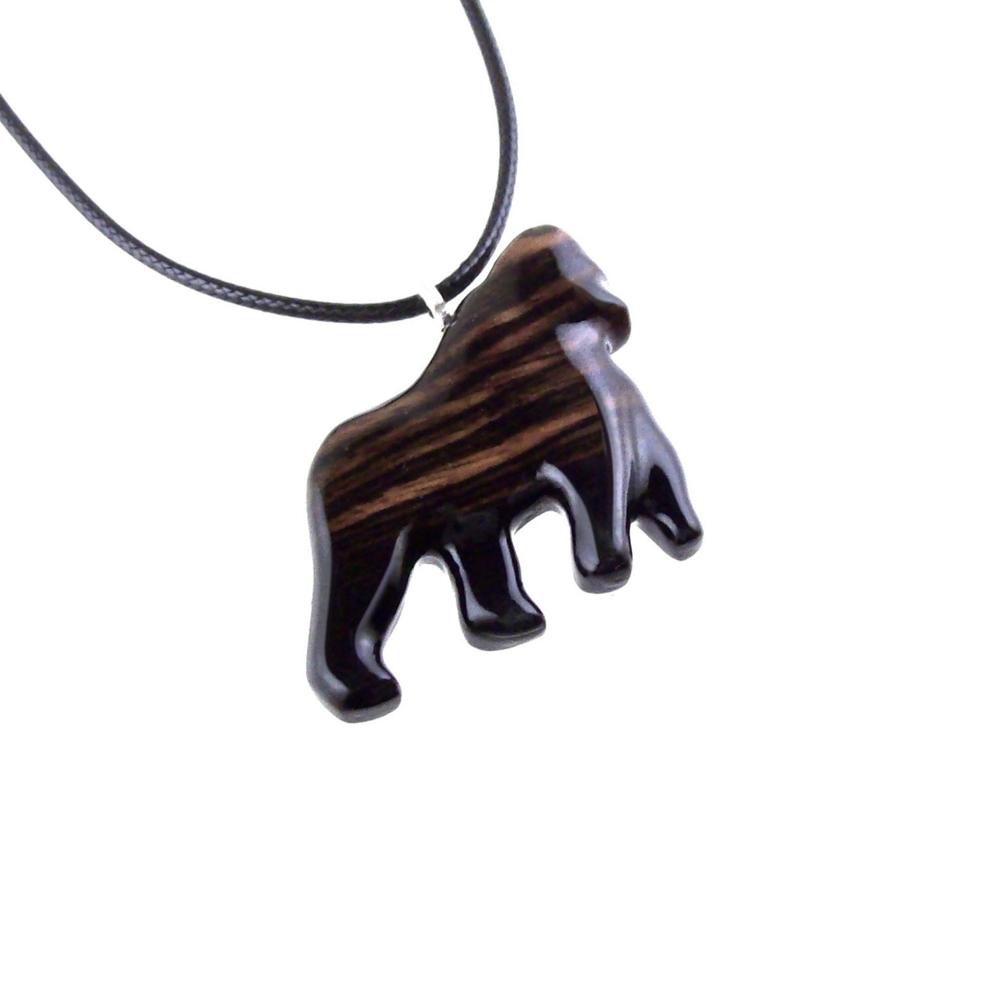 Gorilla Necklace, Hand Carved Wooden Gorilla Pendant, Animal Necklace, Gift for Him, Mens Wood Jewelry in Black with Brown Streaks