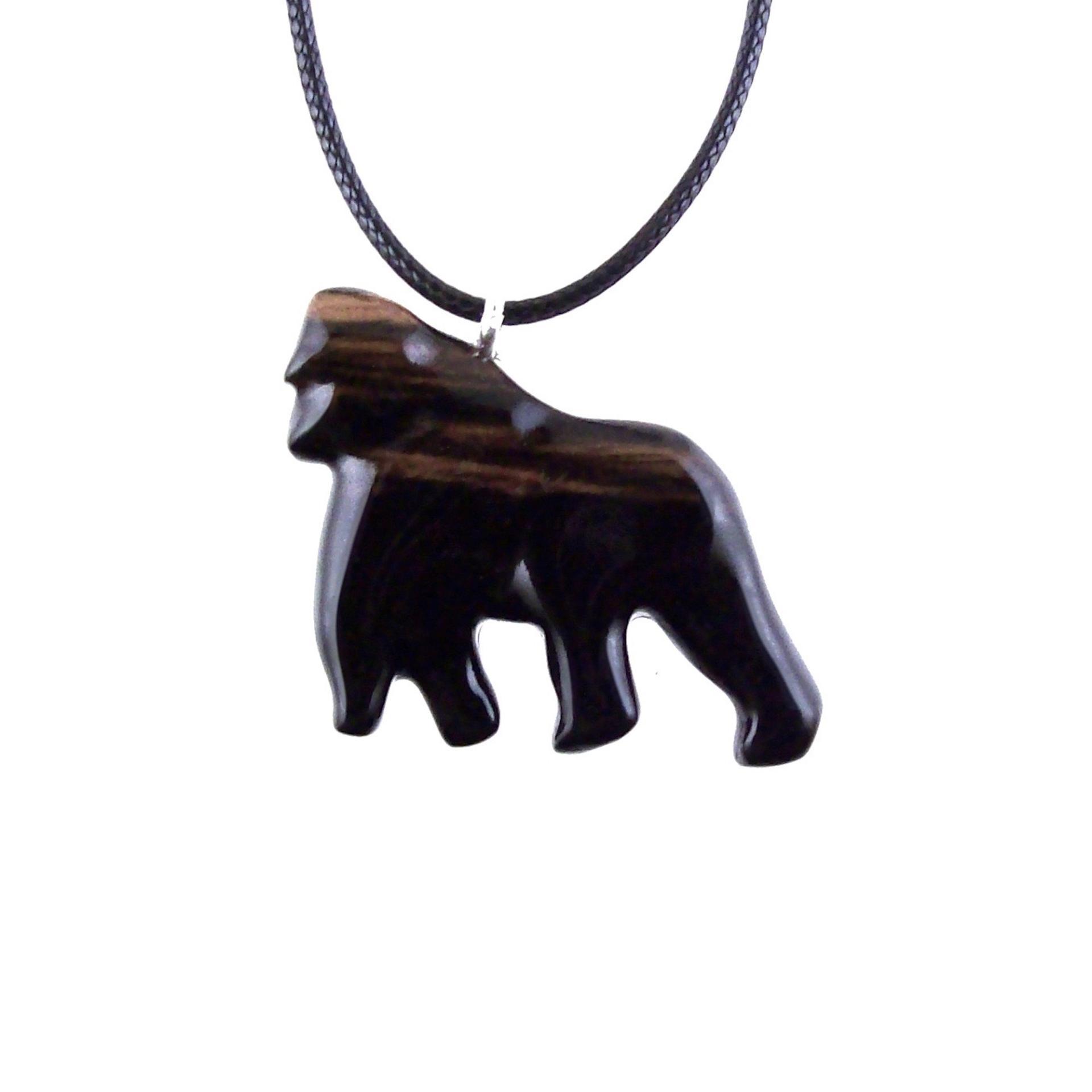 Gorilla Necklace, Hand Carved Wooden Gorilla Pendant, Animal Necklace, Gift for Him, Mens Wood Jewelry in Black with Brown Streaks