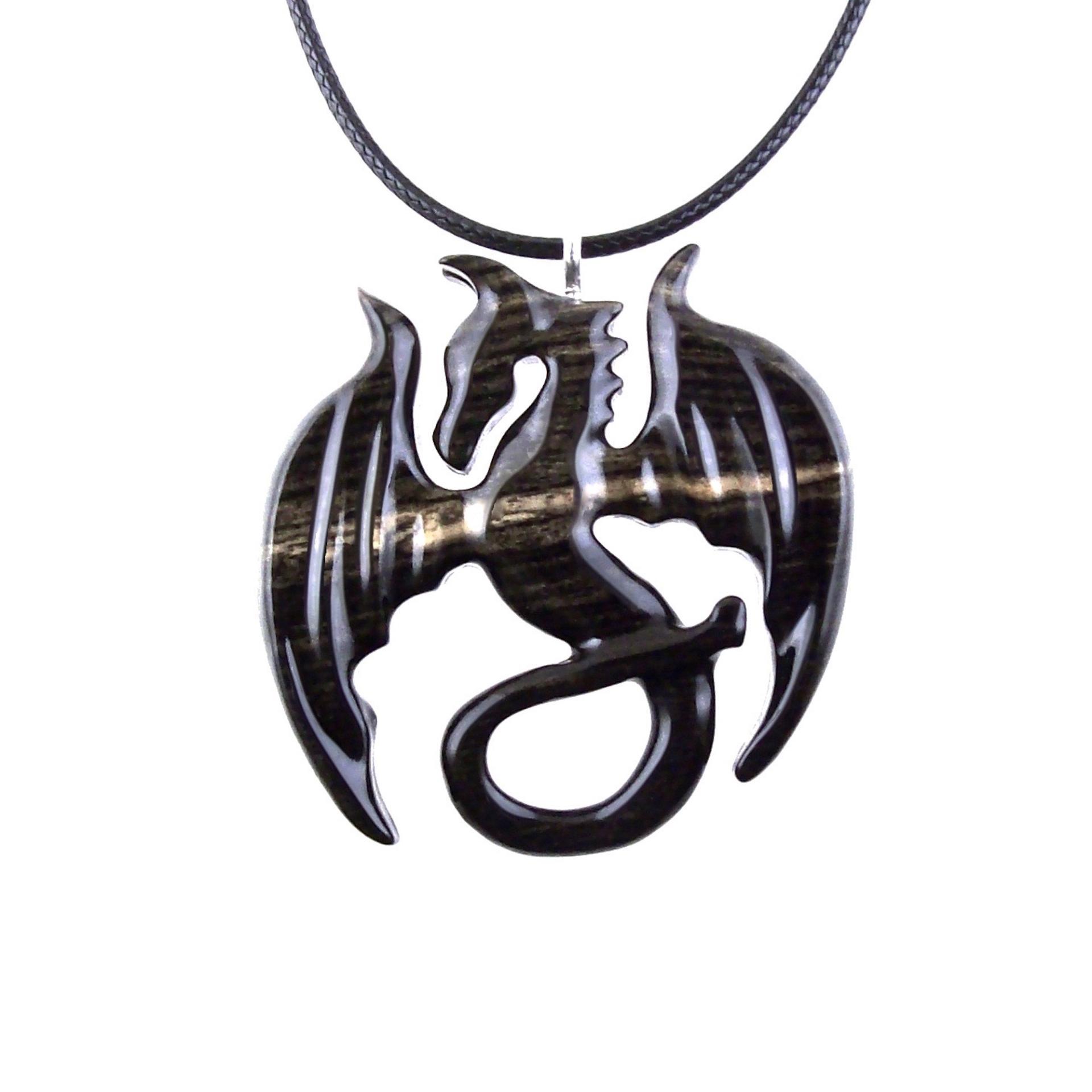 Dragon Necklace for Men Women, Hand Carved Wooden Dragon Pendant, Fantasy Wood Jewelry Gift for Her Him