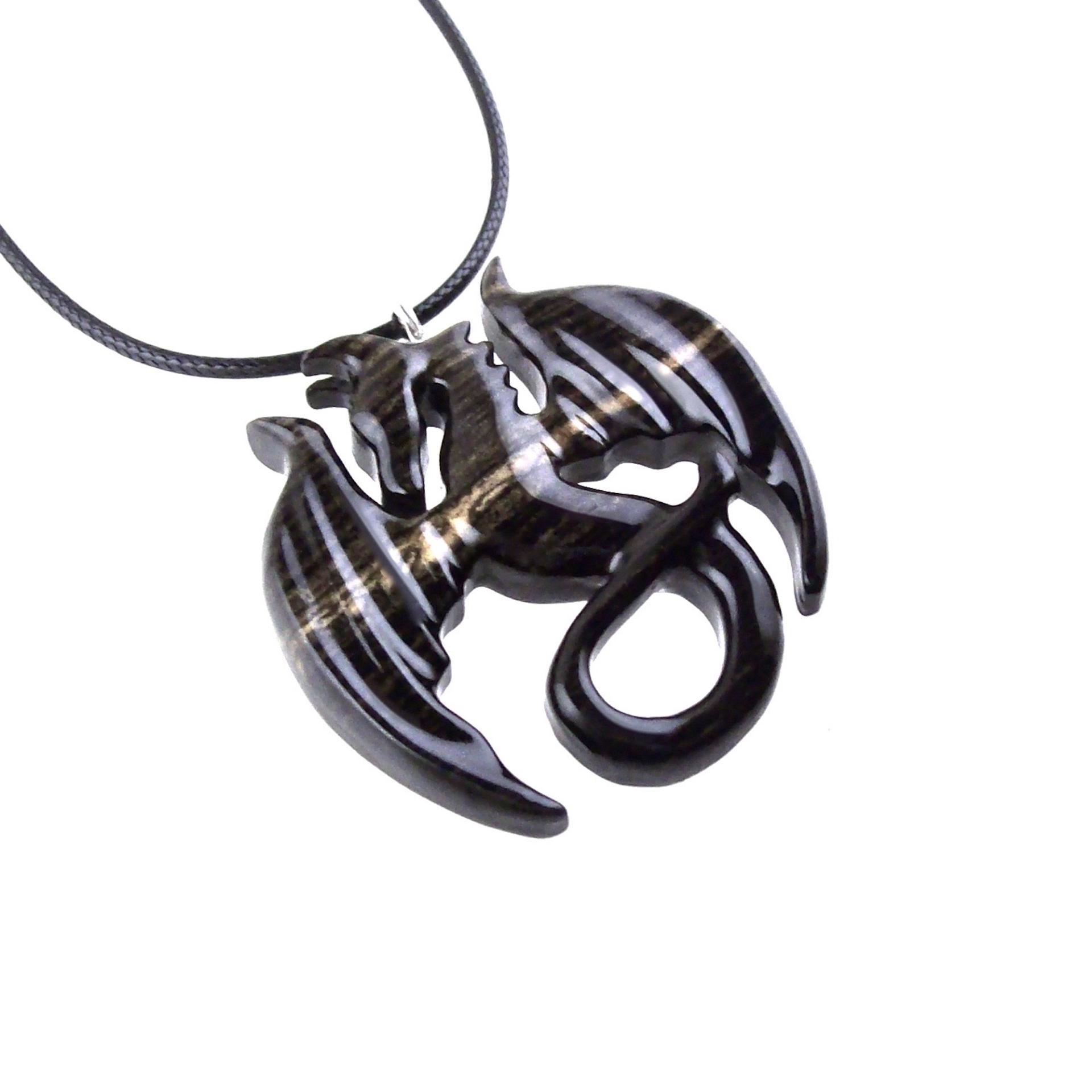 Dragon Necklace for Men Women, Hand Carved Wooden Dragon Pendant, Fantasy Wood Jewelry Gift for Her Him