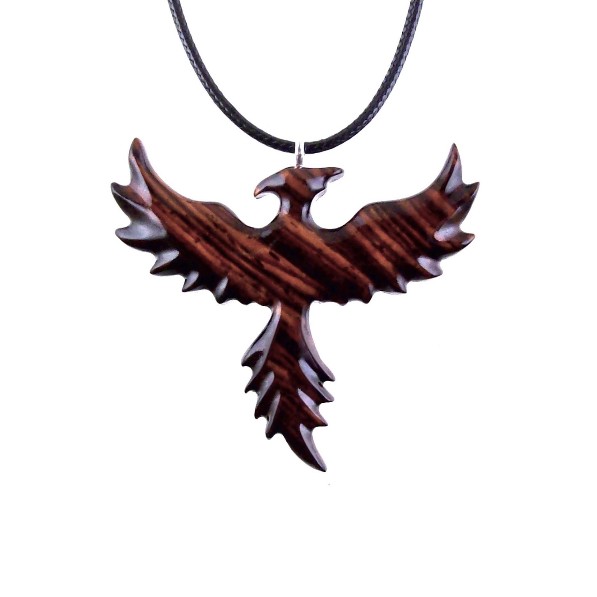 Hand Carved Phoenix Necklace, Wooden Rising Phoenix Pendant for Men or Women, Wood Firebird Necklace, Fantasy Inspirational Jewelry