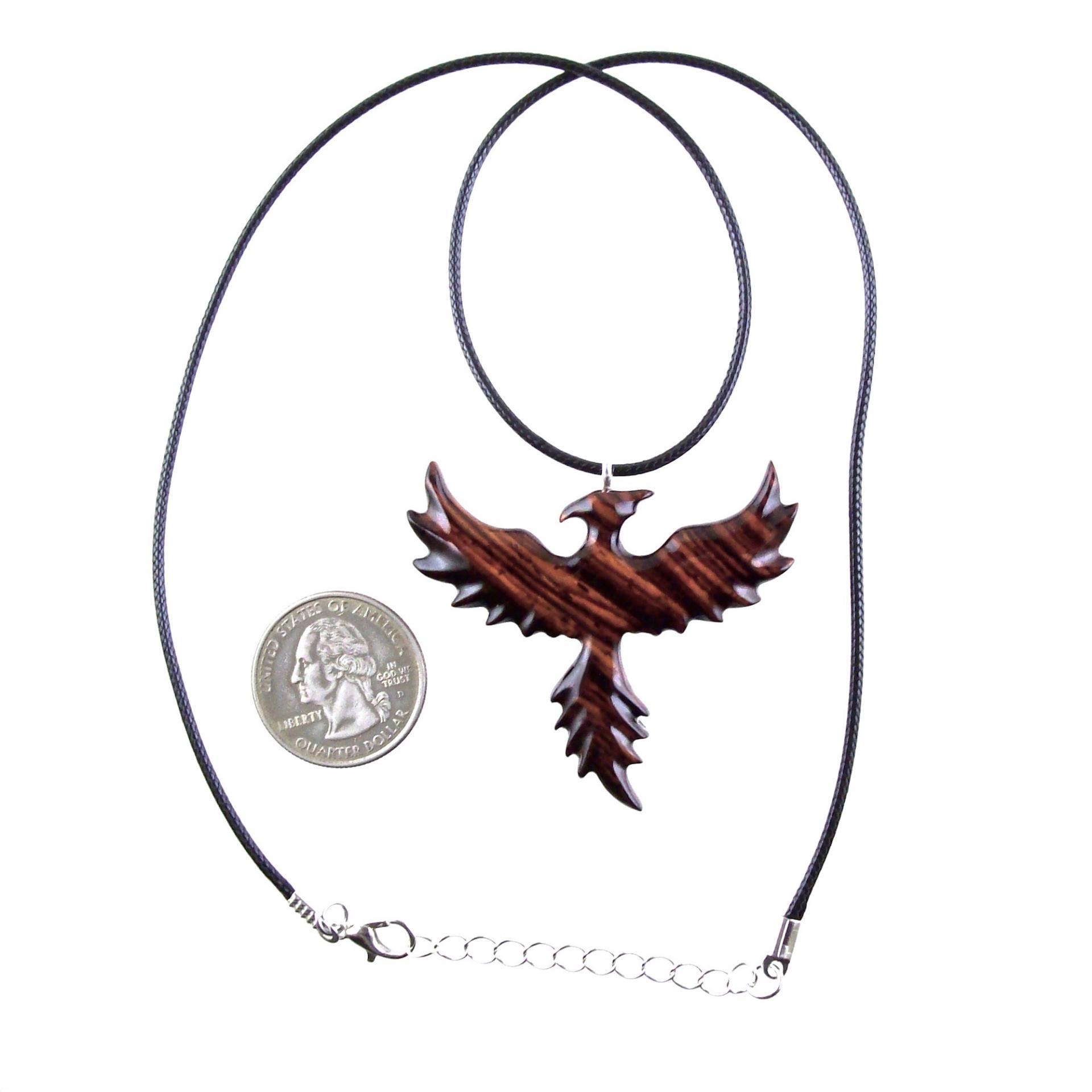 Hand Carved Phoenix Necklace, Wooden Rising Phoenix Pendant for Men or Women, Wood Firebird Necklace, Fantasy Inspirational Jewelry