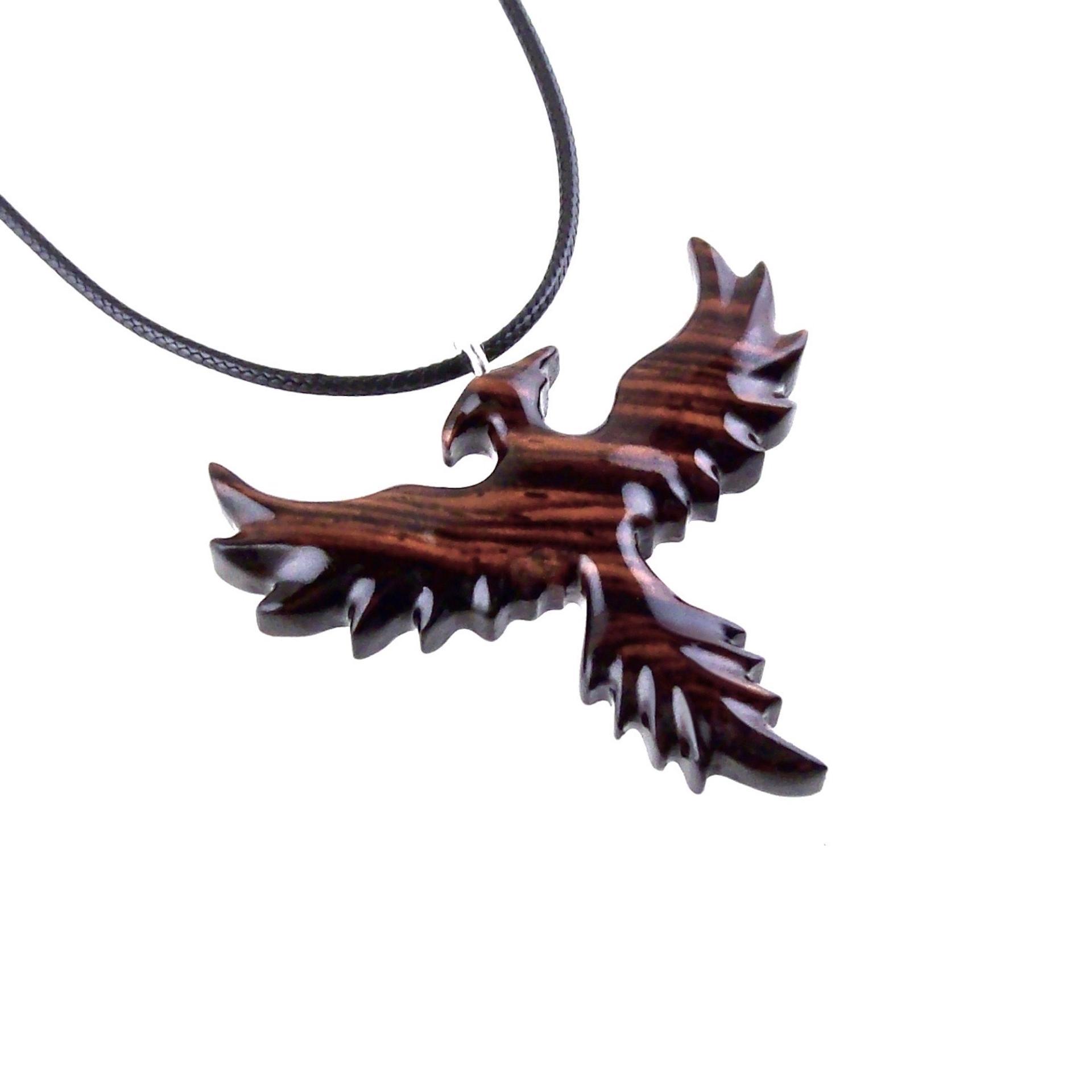 Hand Carved Phoenix Necklace, Wooden Rising Phoenix Pendant for Men or Women, Wood Firebird Necklace, Fantasy Inspirational Jewelry