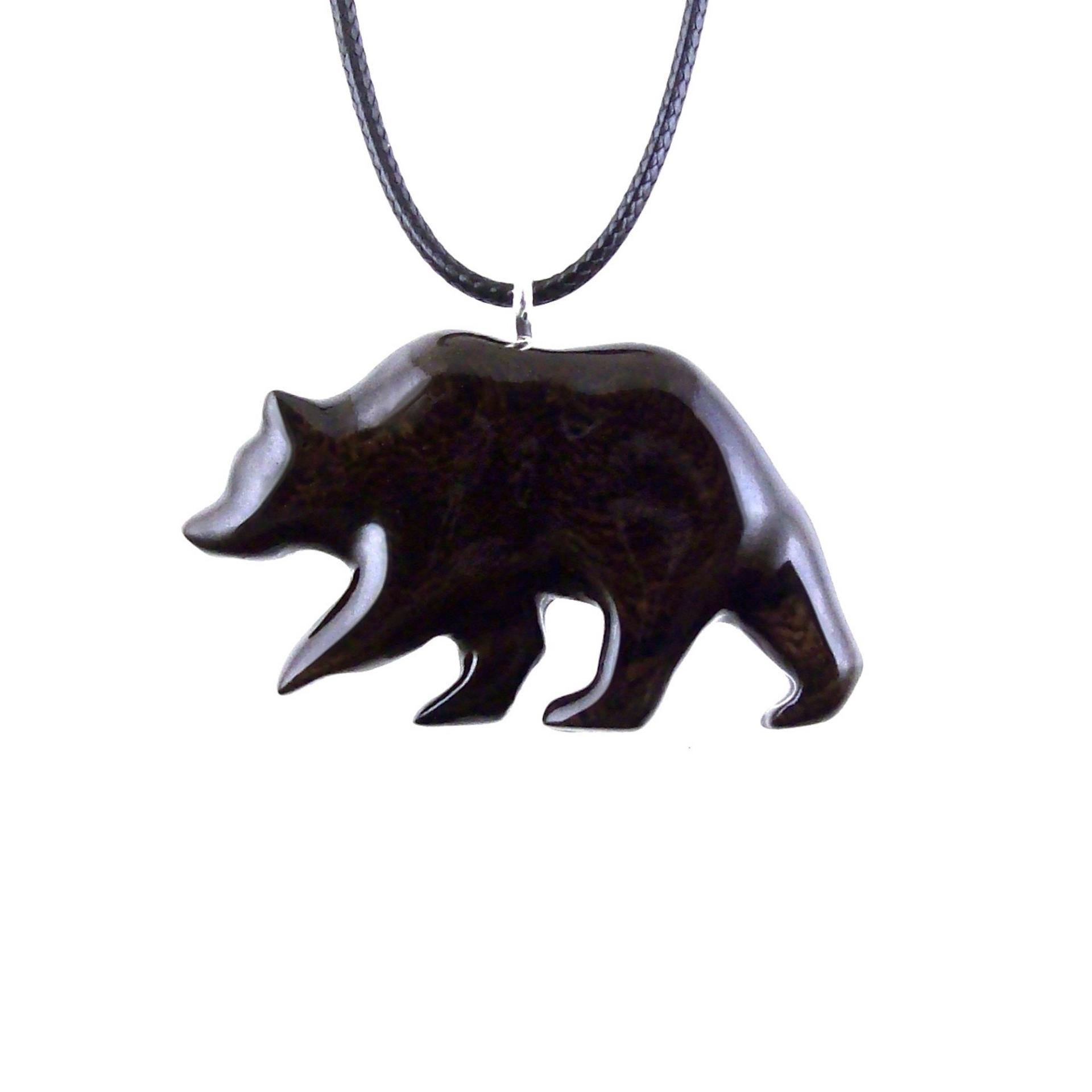 Bear Necklace, Wooden Grizzly Bear Pendant for Men or Women, Hand Carved Wood Jewelry, Totem Spirit Animal in Dark Brown