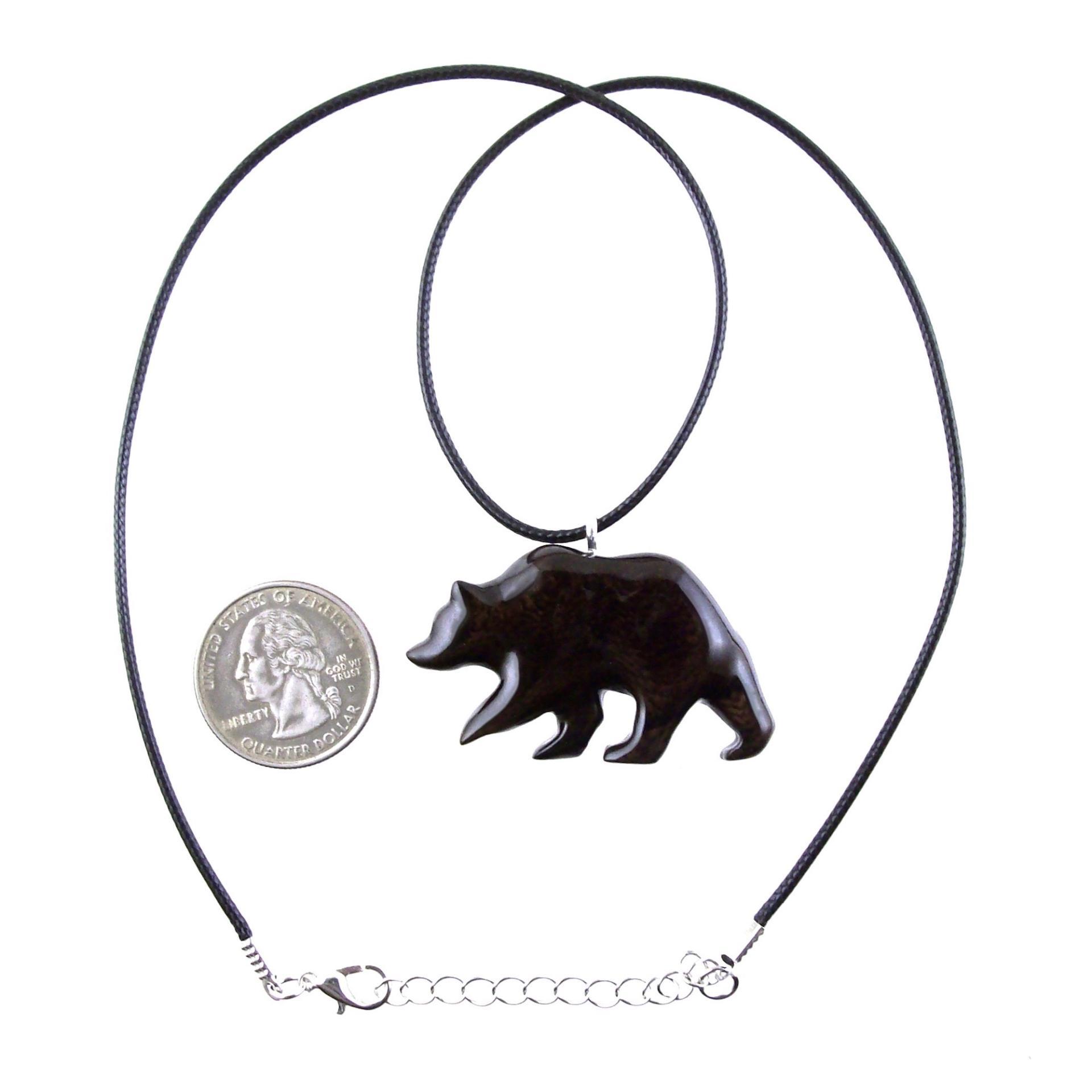 Bear Necklace, Wooden Grizzly Bear Pendant for Men or Women, Hand Carved Wood Jewelry, Totem Spirit Animal in Dark Brown