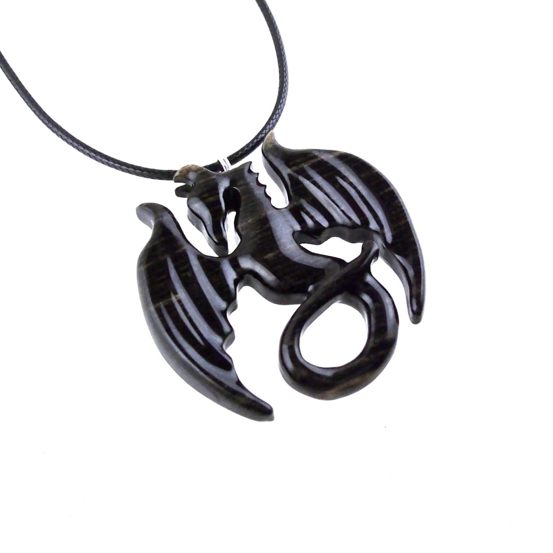 Dragon Necklace for Men Women, Hand Carved Wooden Dragon Pendant, Fantasy Wood Jewelry Gift for Her Him