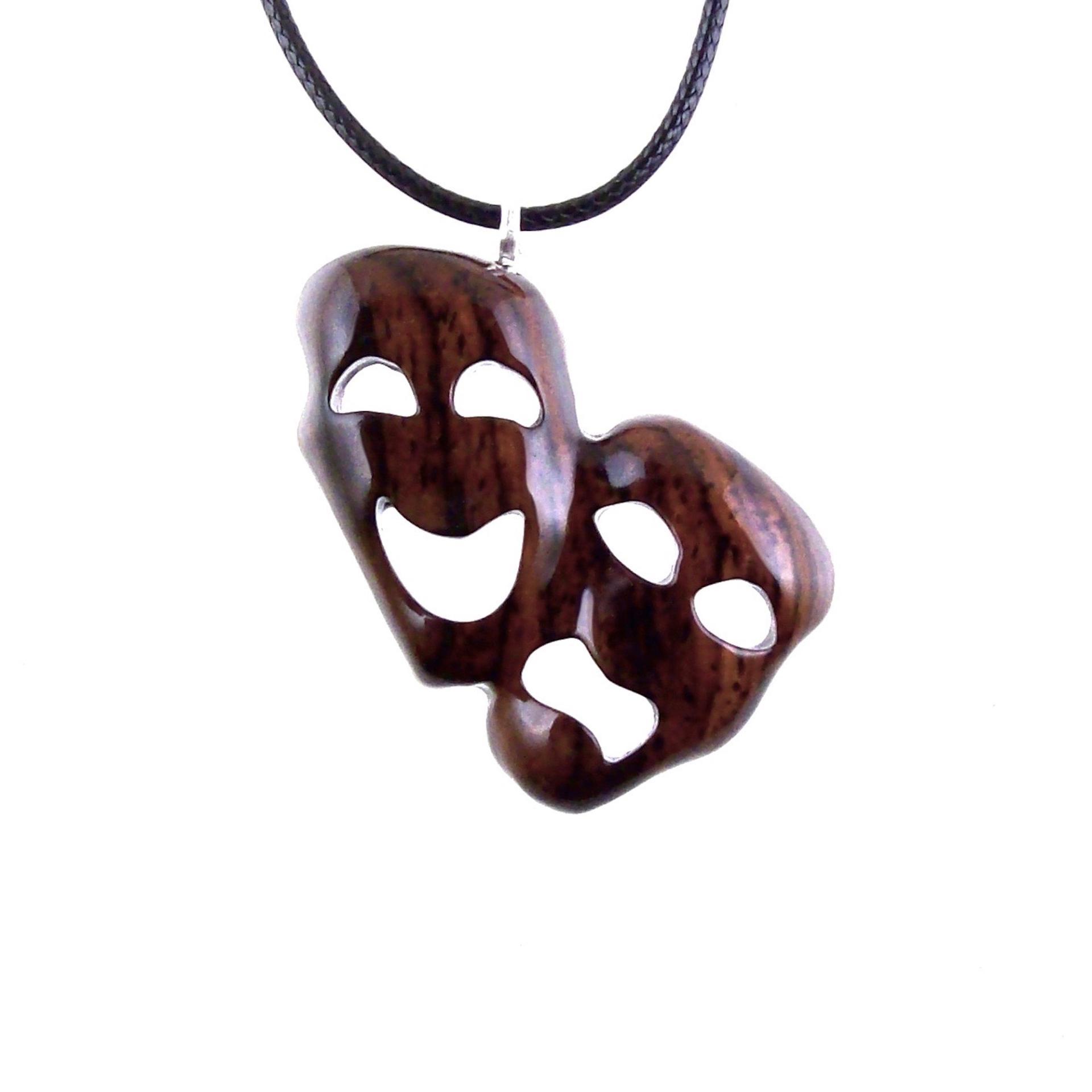 Hand Carved Comedy Tragedy Mask Necklace, Wooden Mask Pendant, Drama Necklace for Men or Women, Theatre Wood Jewelry