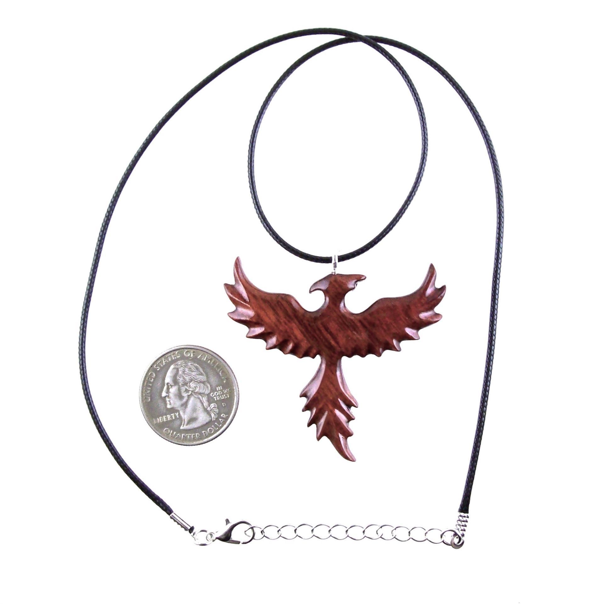 Rising Phoenix Necklace, Hand Carved Wooden Phoenix Pendant, Wood Firebird Jewelry, Inspirational Gift for Her Him