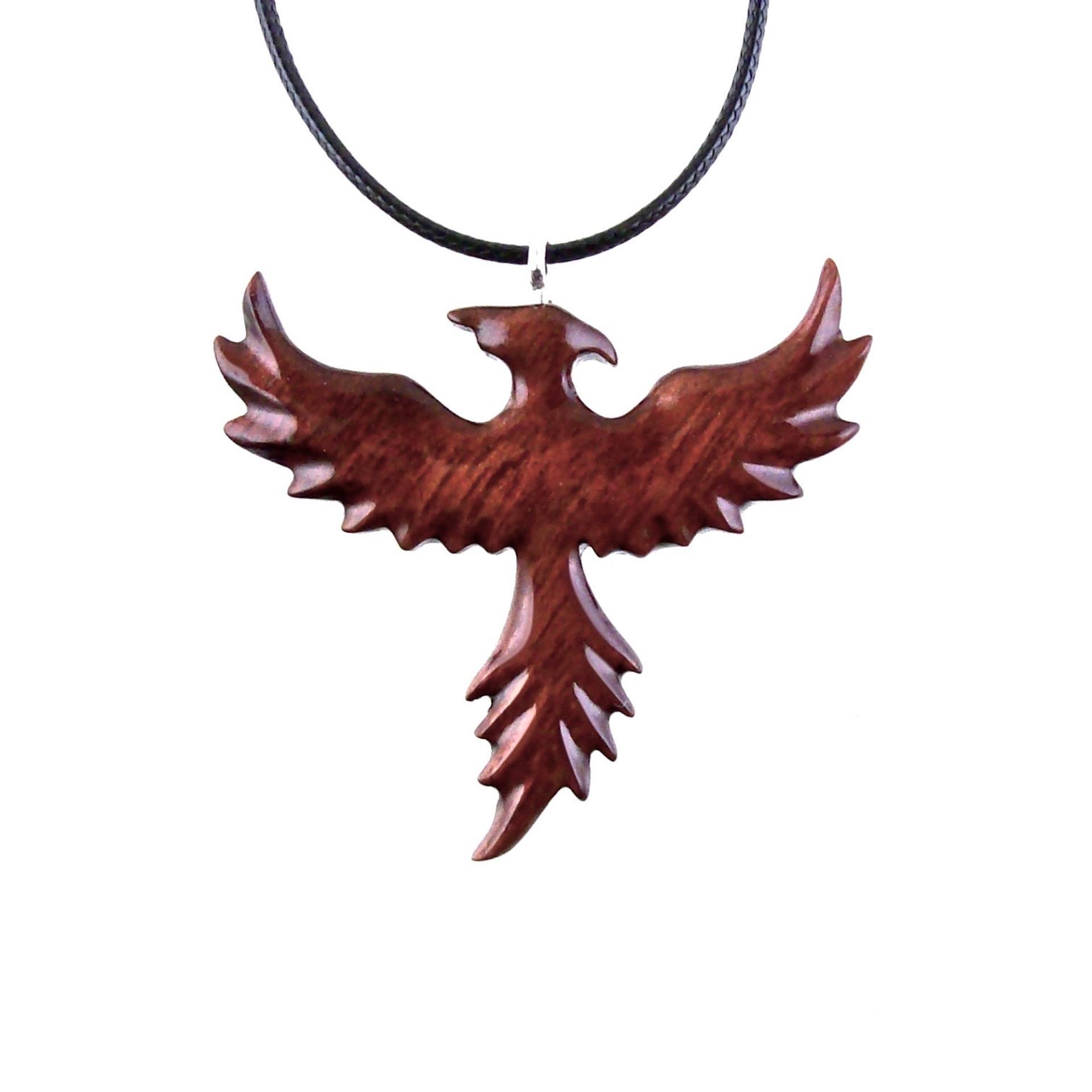 Rising Phoenix Necklace, Hand Carved Wooden Phoenix Pendant, Wood Firebird Jewelry, Inspirational Gift for Her Him