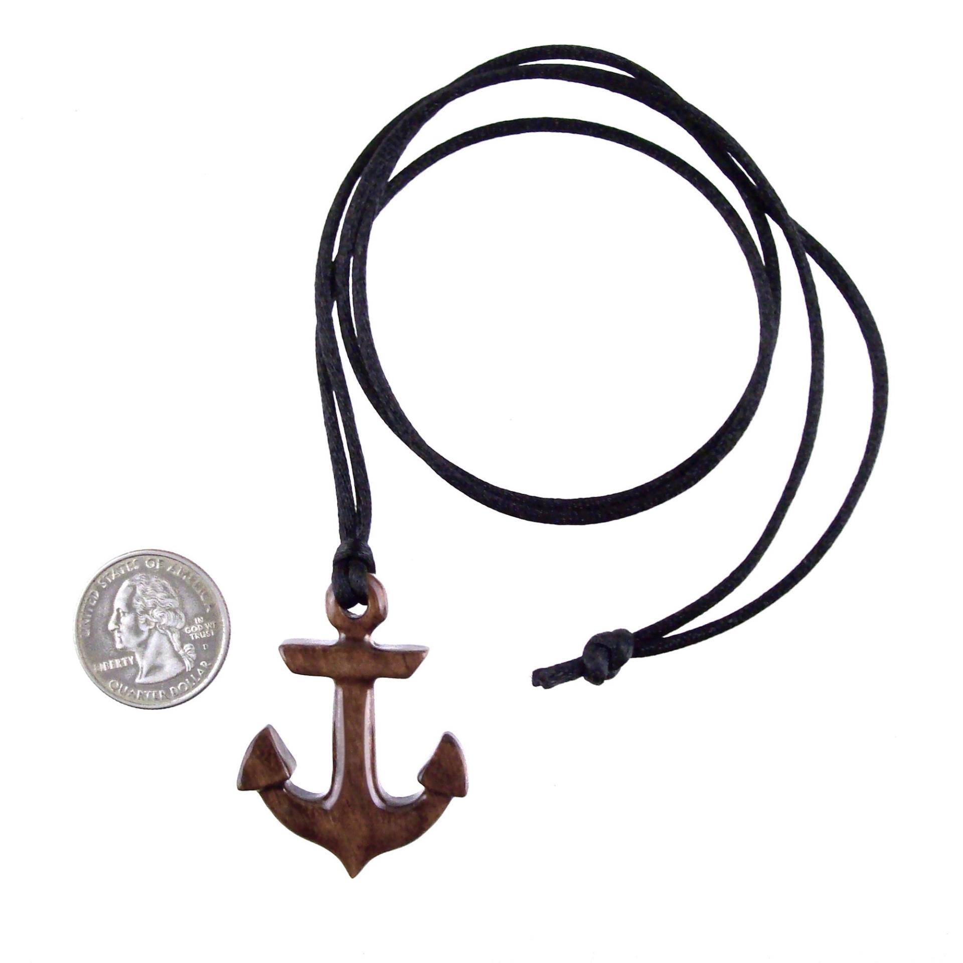 Hand Carved Wooden Anchor Pendant, Mens Wood Necklace, Handmade Nautical Jewelry Gift for Him