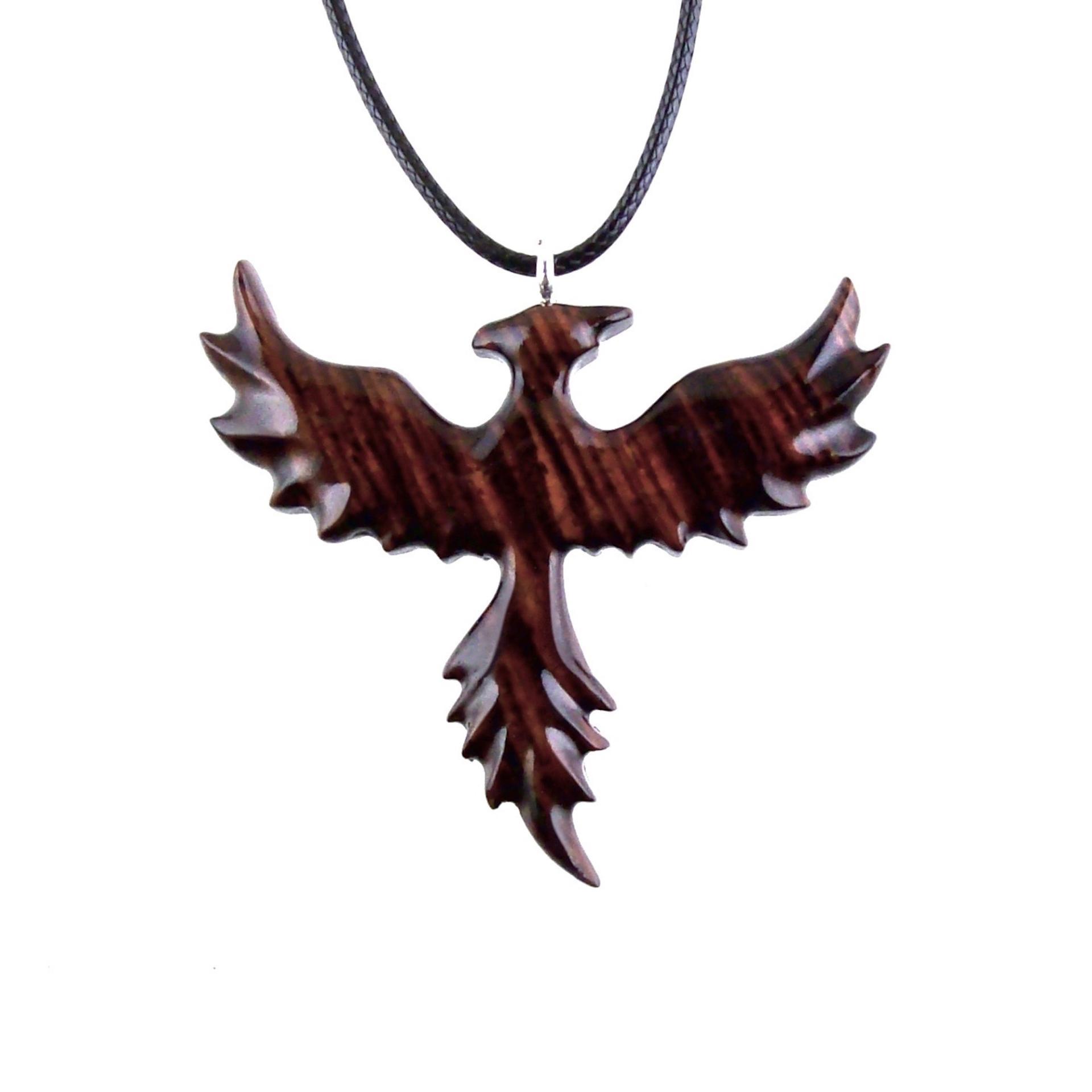 Hand Carved Phoenix Necklace, Wooden Rising Phoenix Pendant for Men or Women, Wood Firebird Necklace, Fantasy Inspirational Jewelry