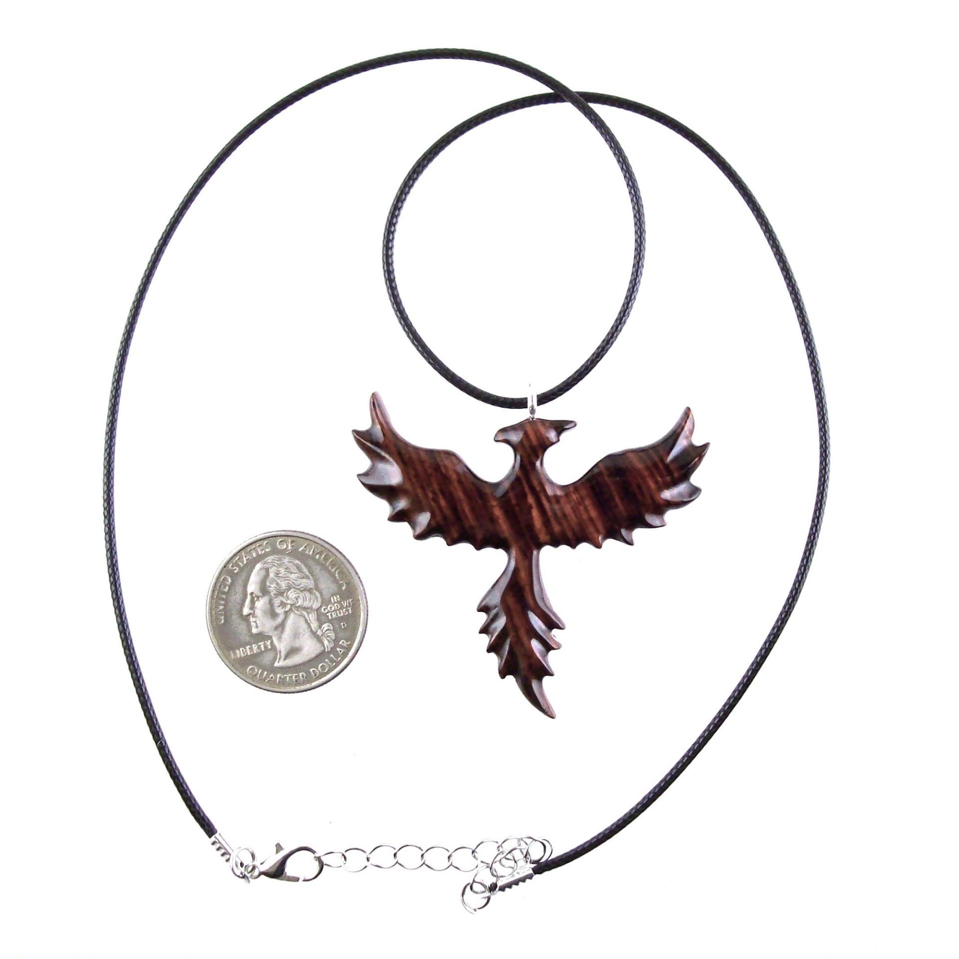 Hand Carved Phoenix Necklace, Wooden Rising Phoenix Pendant for Men or Women, Wood Firebird Necklace, Fantasy Inspirational Jewelry