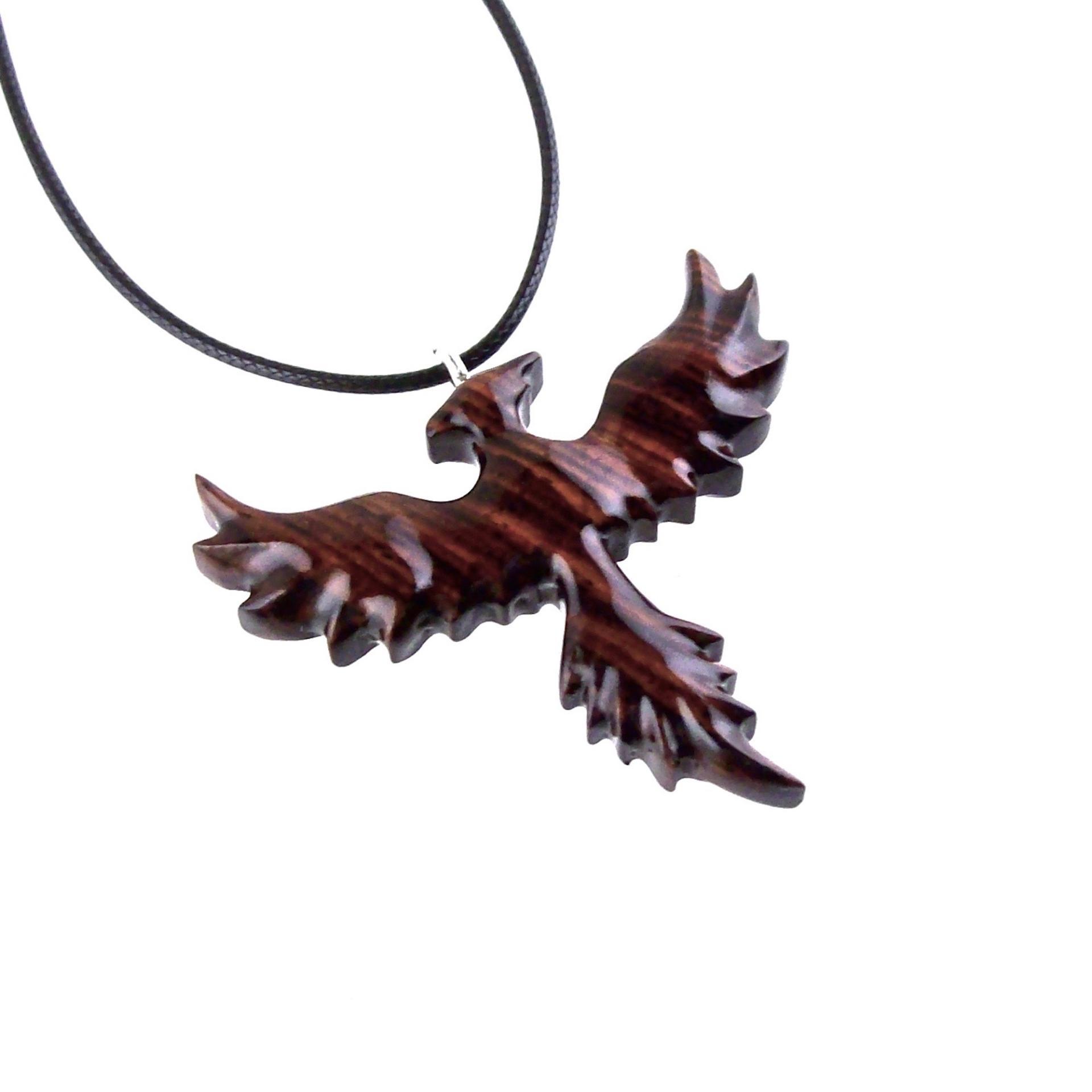 Hand Carved Phoenix Necklace, Wooden Rising Phoenix Pendant for Men or Women, Wood Firebird Necklace, Fantasy Inspirational Jewelry