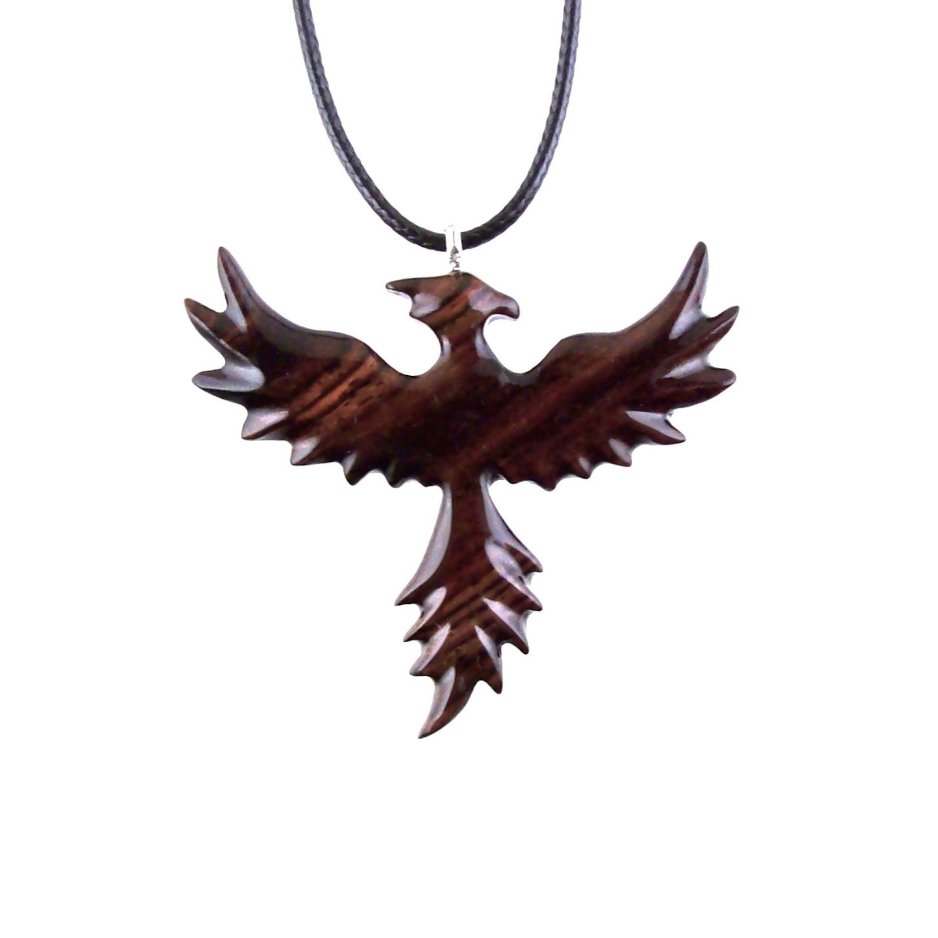 Hand Carved Phoenix Necklace, Wooden Rising Phoenix Pendant for Men or Women, Wood Firebird Necklace, Fantasy Inspirational Jewelry