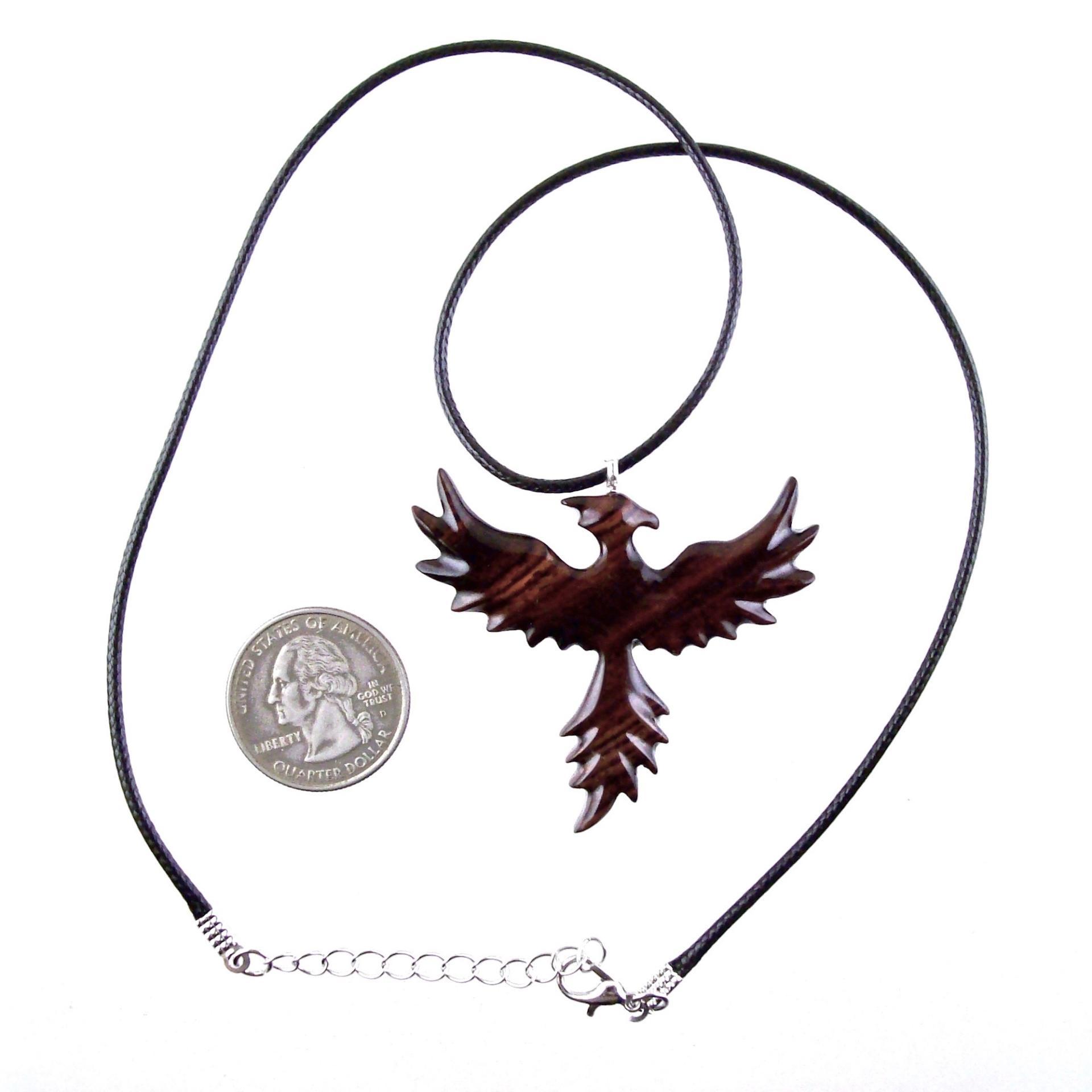 Hand Carved Phoenix Necklace, Wooden Rising Phoenix Pendant for Men or Women, Wood Firebird Necklace, Fantasy Inspirational Jewelry