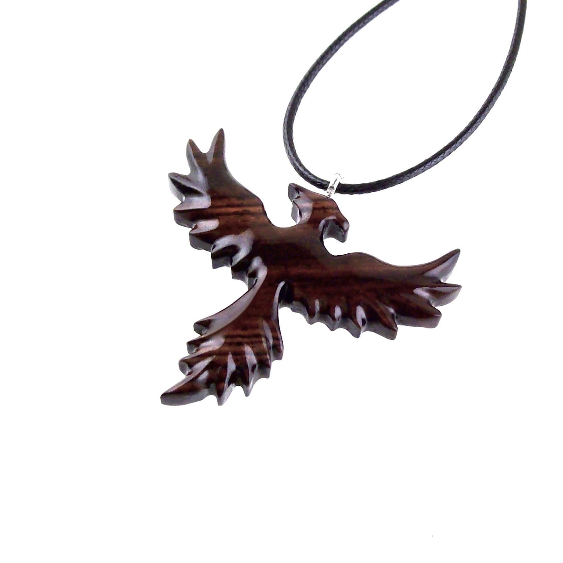 Hand Carved Phoenix Necklace, Wooden Rising Phoenix Pendant for Men or Women, Wood Firebird Necklace, Fantasy Inspirational Jewelry
