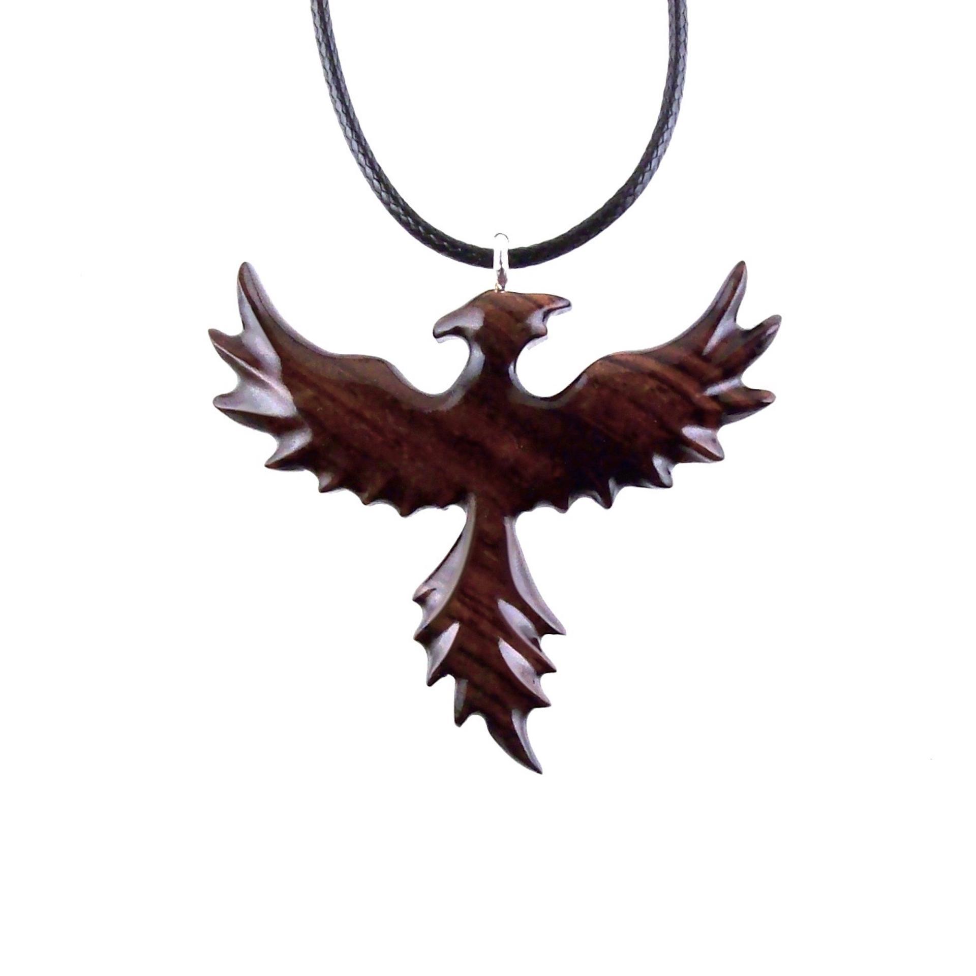 Hand Carved Phoenix Necklace, Wooden Rising Phoenix Pendant for Men or Women, Wood Firebird Necklace, Fantasy Inspirational Jewelry