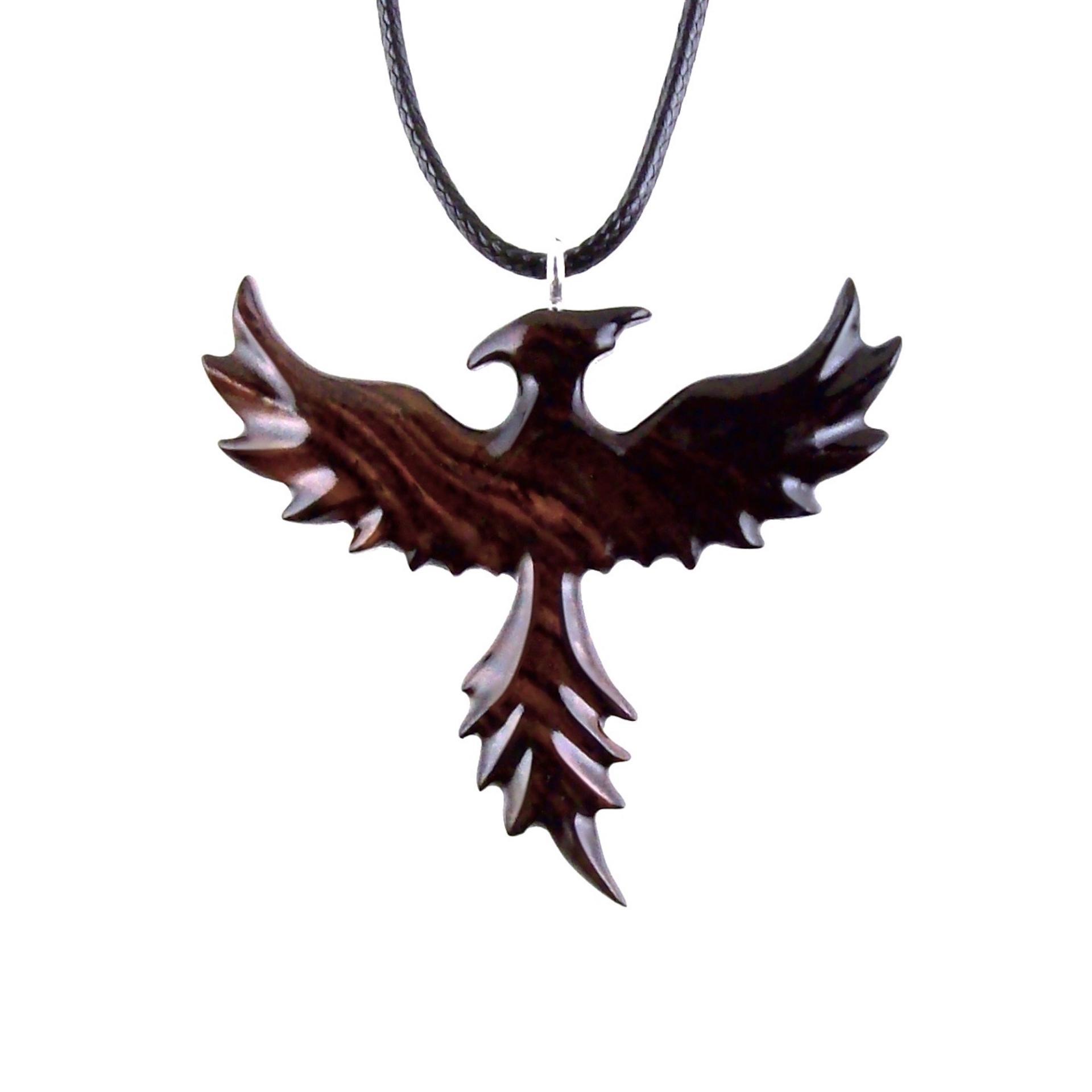 Hand Carved Phoenix Necklace, Wooden Rising Phoenix Pendant for Men or Women, Wood Firebird Necklace, Fantasy Inspirational Jewelry