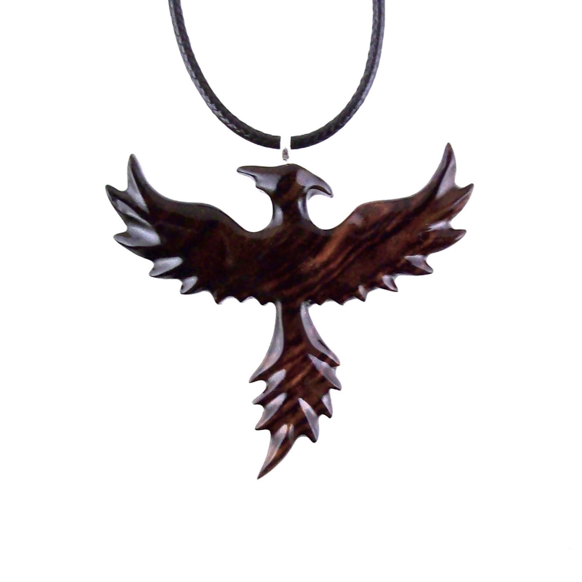 Hand Carved Phoenix Necklace, Wooden Rising Phoenix Pendant for Men or Women, Wood Firebird Necklace, Fantasy Inspirational Jewelry