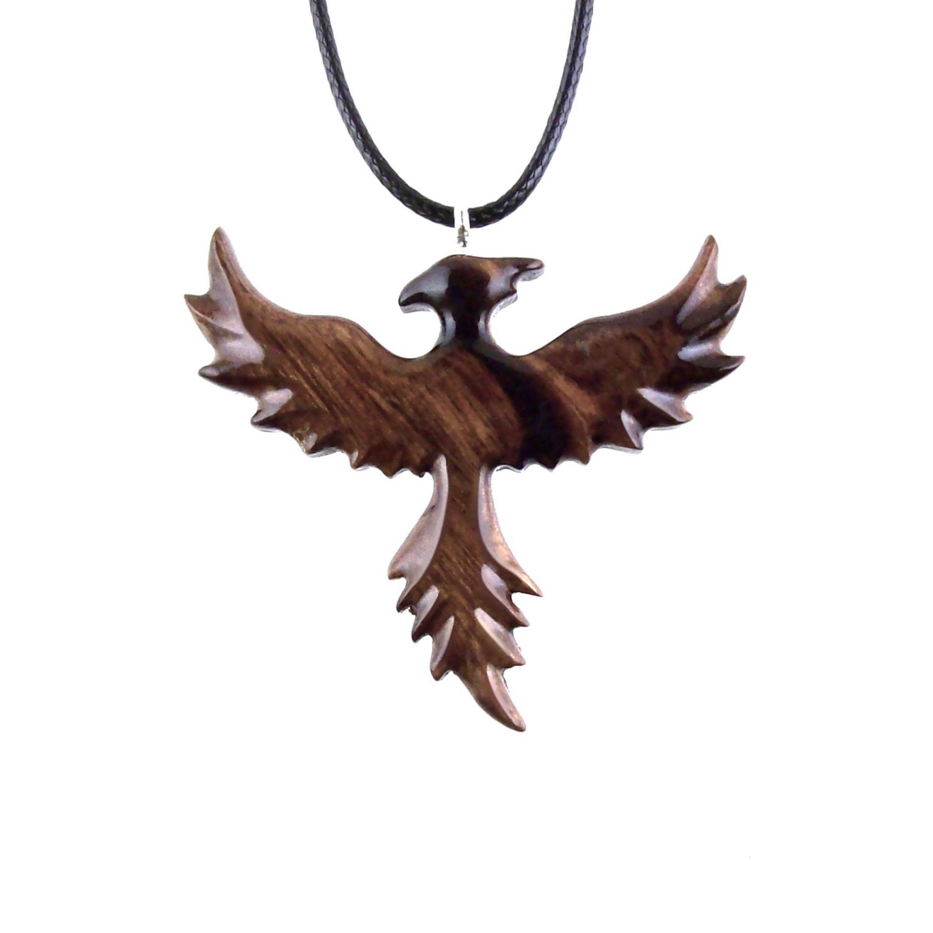 Rising Phoenix Necklace, Hand Carved Wooden Phoenix Pendant, Fantasy Wood Jewelry, Firebird Inspirational Gift for Him Her