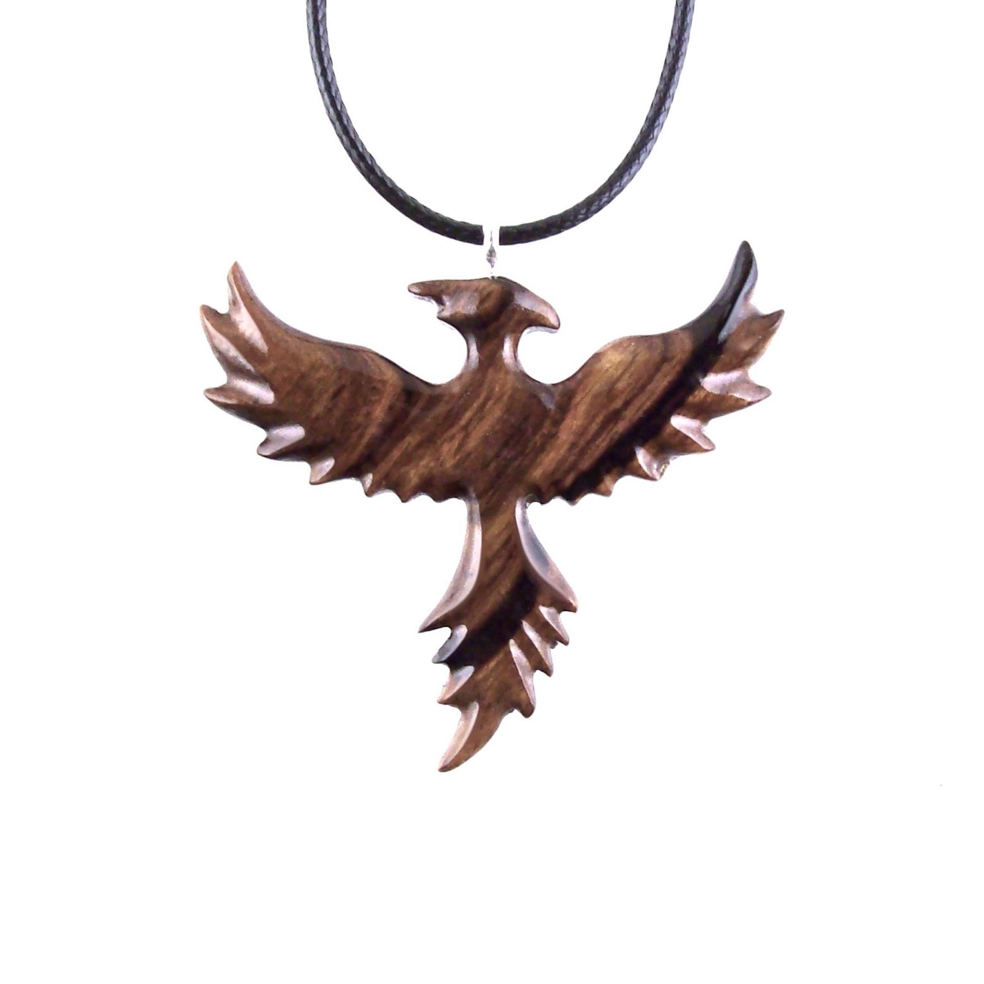 Rising Phoenix Necklace, Hand Carved Wooden Phoenix Pendant, Fantasy Wood Jewelry, Firebird Inspirational Gift for Him Her