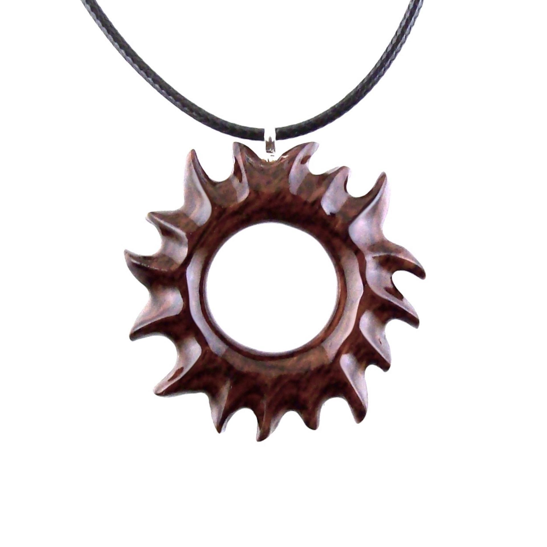 Hand Carved Sun Wooden Necklace, Celestial Sunburst Pendant, Solar Eclipse Wood Jewelry