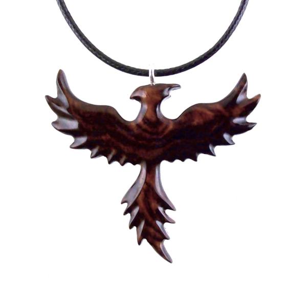 Hand Carved Phoenix Necklace, Wooden Rising Phoenix Pendant for Men or Women, Wood Firebird Necklace, Fantasy Inspirational Jewelry