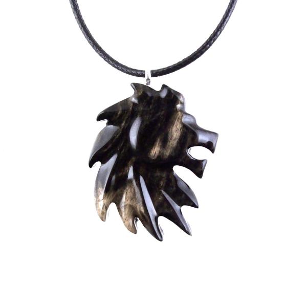 Hand Carved Wooden Lion Head Necklace Pendant, Handmade Leo Spirit Animal Jewelry Gift for Him