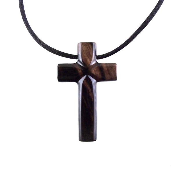 Hand Carved Wood Cross Necklace, Wooden Cross Pendant, Christian Jewelry for Men in Black with Brown Streaks