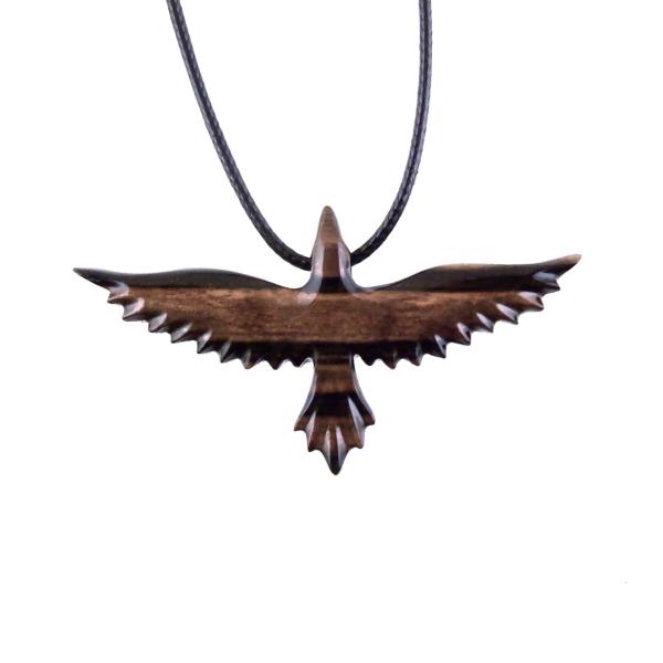 Raven Necklace, Hand Carved Wooden Crow Pendant for Men Women, Flying Bird Totem Wood Jewelry Gift in Black with Brown Streaks