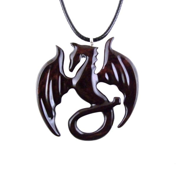Dragon Necklace for Men or Women, Wooden Dragon Pendant, Hand Carved Wood Fantasy Jewelry, One of a Kind Gift for Him Her