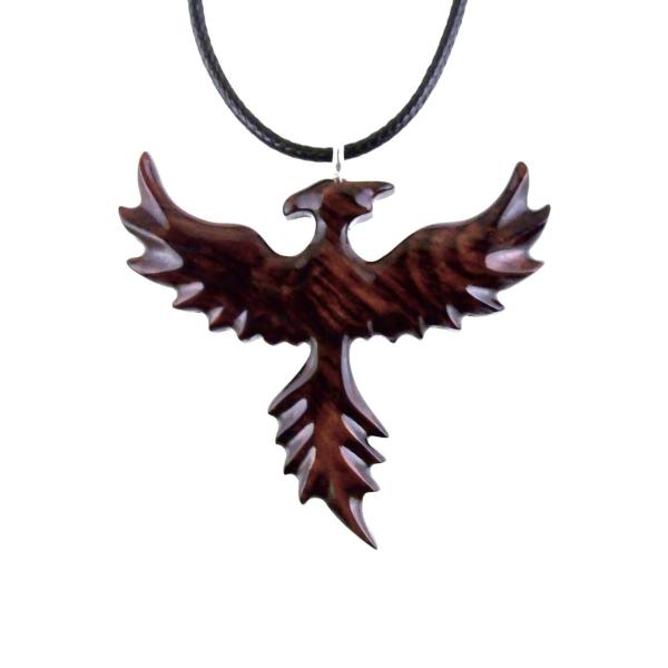 Hand Carved Phoenix Necklace, Wooden Rising Phoenix Pendant for Men or Women, Wood Firebird Necklace, Fantasy Inspirational Jewelry