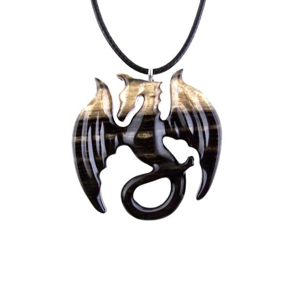 Dragon Necklace for Men Women, Hand Carved Wooden Dragon Pendant, Fantasy Wood Jewelry Gift for Her Him