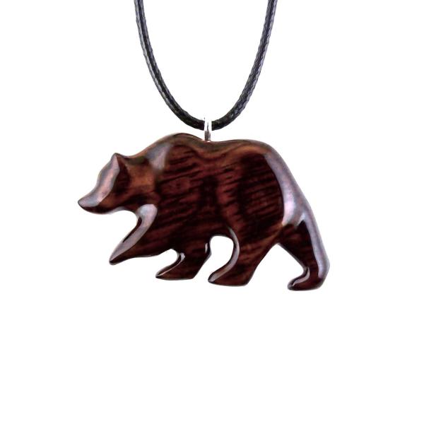 Wood Bear Necklace, Hand Carved Wooden Grizzly Bear Pendant for Men or Women, Spirit Animal Totem Jewelry Gift for Him Her