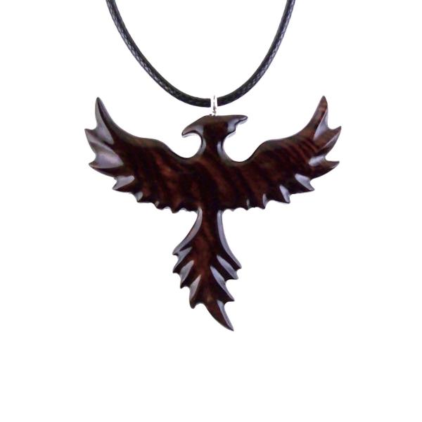 Hand Carved Phoenix Necklace, Wooden Rising Phoenix Pendant for Men or Women, Wood Firebird Necklace, Fantasy Inspirational Jewelry
