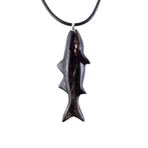 Striped Bass Pendant, Hand Carved Fish Necklace, Wooden Fishermen Jewelry, Mens Wood Necklace, One of a Kind Gift for Him