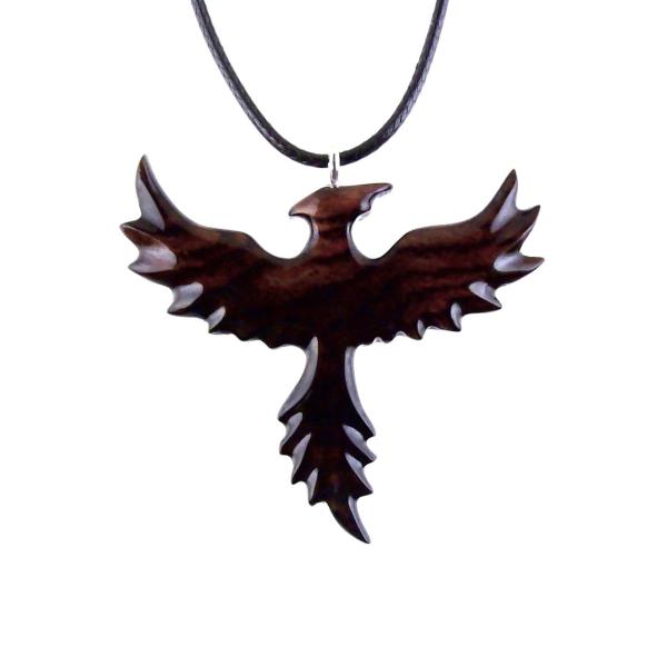 Hand Carved Phoenix Necklace, Wooden Rising Phoenix Pendant for Men or Women, Wood Firebird Necklace, Fantasy Inspirational Jewelry