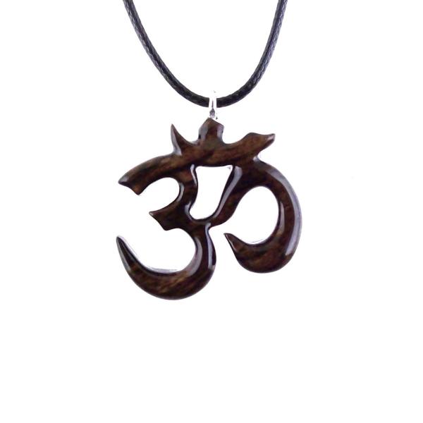 Hand Carved Om Necklace, Wooden Ohm Pendant, Yoga Wood Jewelry Gift for Men Women