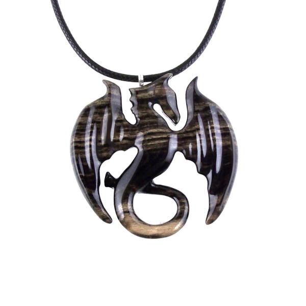 Dragon Necklace for Men Women, Hand Carved Wooden Dragon Pendant, Fantasy Wood Jewelry Gift for Her Him