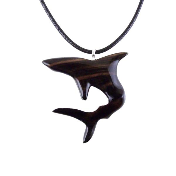 Shark Pendant, Hand Carved Wooden Shark Necklace, Mens Wood Pendant, Nautical Jewelry Gift for Him in Black with Brown Streaks