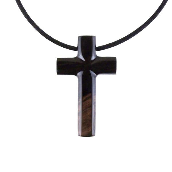 Hand Carved Wood Cross Necklace, Wooden Cross Pendant, Christian Jewelry for Men in Black with Brown Streaks
