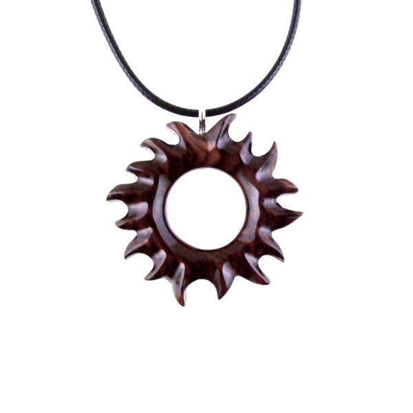 Hand Carved Sun Wooden Necklace, Celestial Sunburst Pendant, Solar Eclipse Wood Jewelry