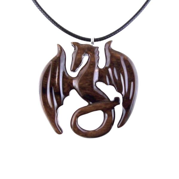 Wooden Dragon Pendant, Hand Carved Dragon Necklace, One of a Kind Fantasy Wood Necklace for Men or Women, Gift for Her Him