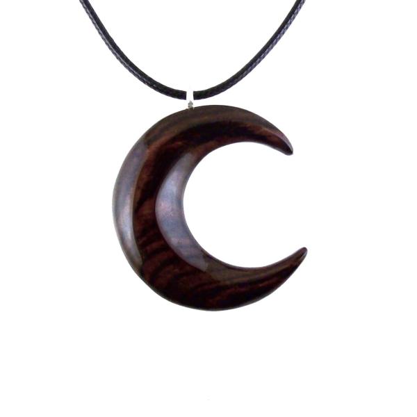 Hand Carved Wooden Crescent Moon Pendant Necklace, Handmade Celestial Wood Jewelry, One of a Kind Gift