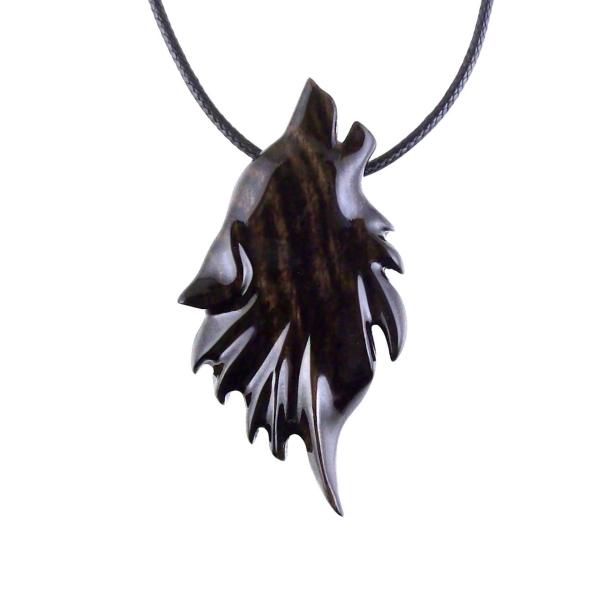 Wolf Wooden Necklace, Hand Carved Wood Wolf Head Pendant, Spirit Animal Totem, Woodland Jewelry in Black with Brown Streaks