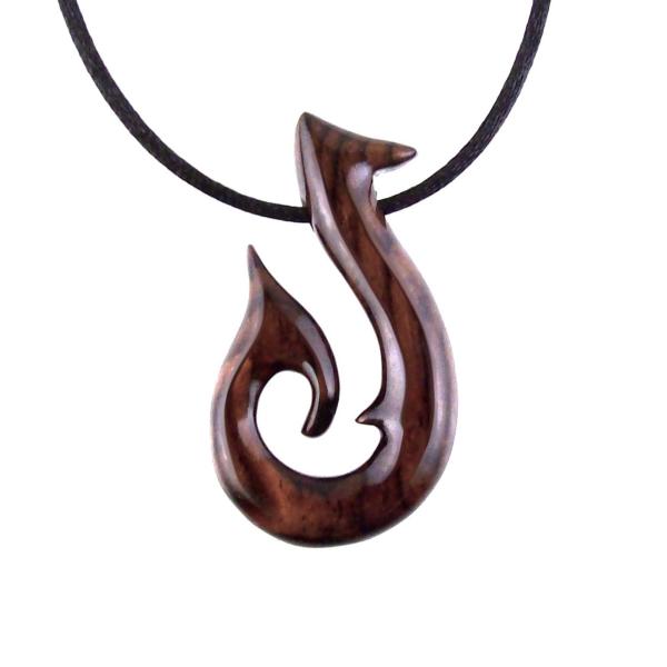 Hand Carved Fish Hook Pendant, Mens Wood Necklace, One of a Kind Wooden Fisherman Jewelry