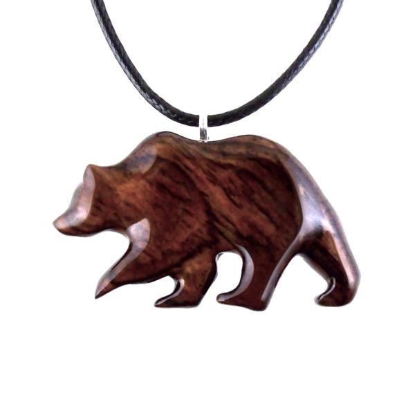 Wood Bear Necklace, Hand Carved Wooden Grizzly Bear Pendant for Men or Women, Spirit Animal Totem Jewelry Gift for Him Her