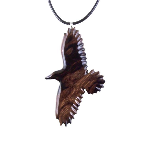Hand Carved Raven Necklace, Wooden Crow Pendant, Totem Wood Bird Jewelry Handcrafted Gift