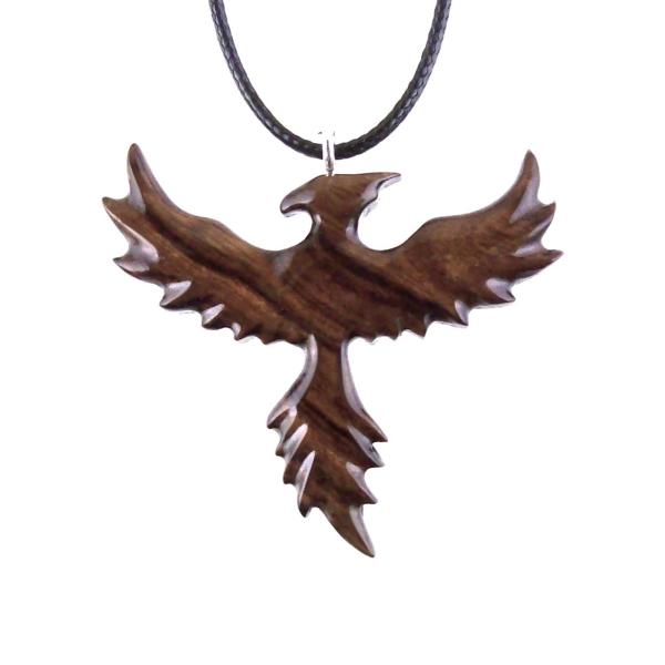 Rising Phoenix Necklace, Hand Carved Wooden Phoenix Pendant, Fantasy Wood Jewelry, Firebird Inspirational Gift for Him Her